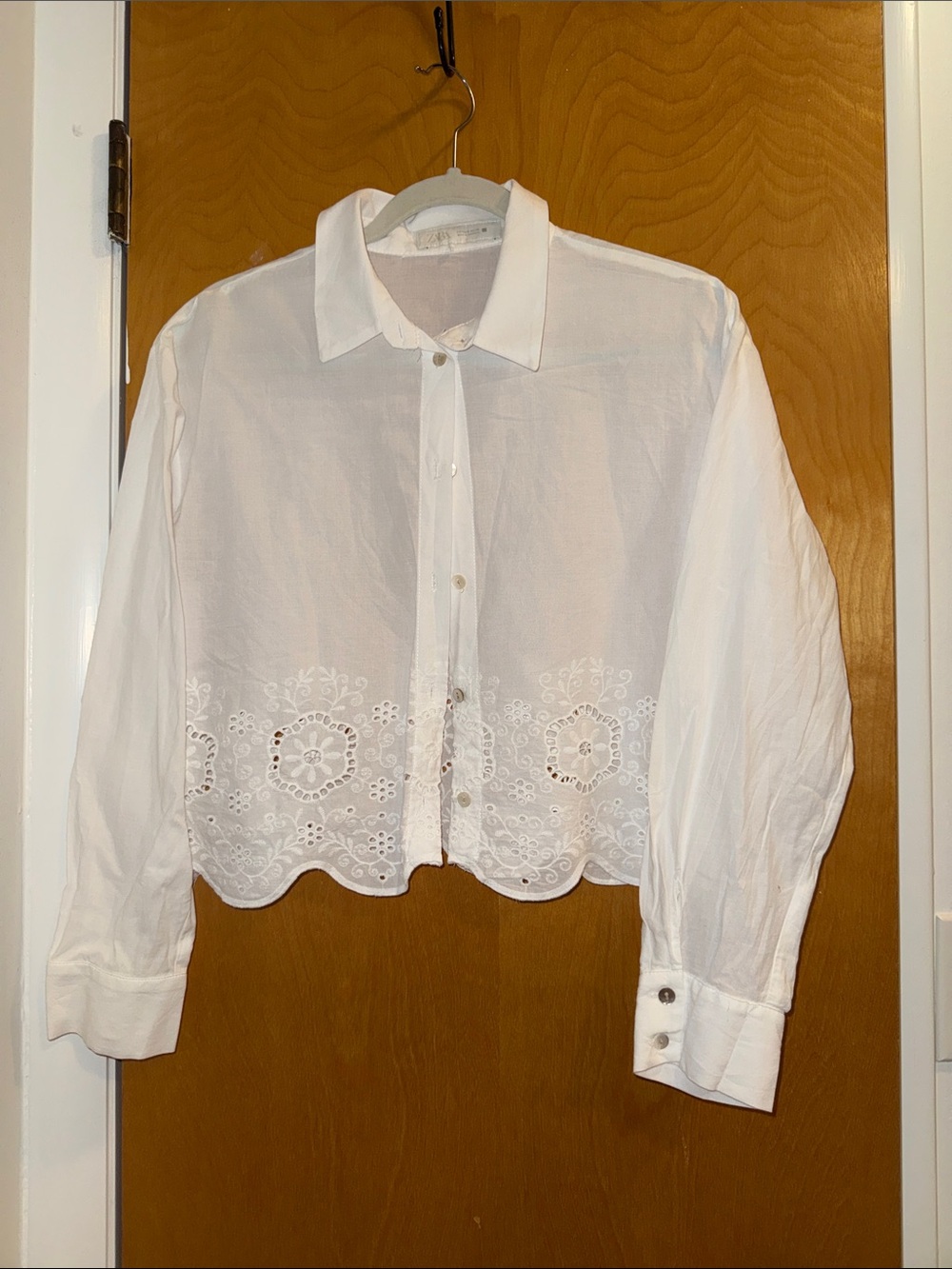 Zara White Eyelet Cropped Button-Down Shirt
